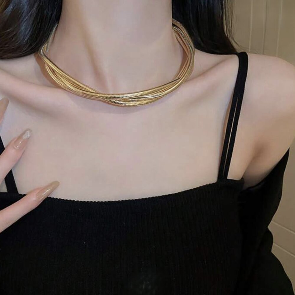 Minimalist Gold Braided Snake Chain Collar Statement Necklace